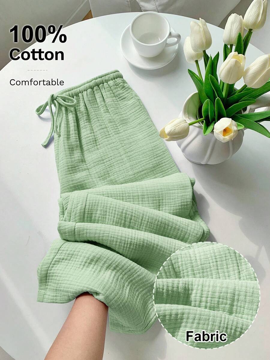 Comfortcana Plus Size Women's Solid Color Drawstring Waist Loose Casual Pants Fall - Green - View 1