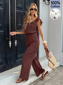 Serisse Bộ jumpsuit nữ thời trang, đa năng, cổ chữ V, tay bồng, chất liệu vải dệt họa tiết. - Cà phê nâu - Xem 2