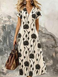 EMERY ROSE Đầm maxi ngắn tay cổ chữ V in họa tiết hoa sen trắng đen dành cho nữ, kiểu dáng rộng rãi thoải mái, thích hợp cho kỳ nghỉ hè ở bãi biển. - Nhiều màu - Xem 5