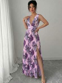 a Vestido elegante y romántico para mujer con cuello en V sin mangas, cintura hueca, plisado en línea A y estampado floral - Multicolor 10 - Ver 5