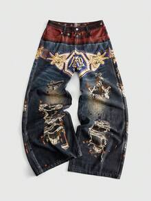 ROMWE MEN Street Life Men's Fashion Design Belted Waist Triple Waistband Printed Jeans - Multicolor - View 7
