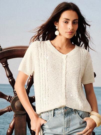 Arave Cardigan tricoté luxueux à col en V et manches courtes avec sequins, veste légère et élégante crop pour l'été