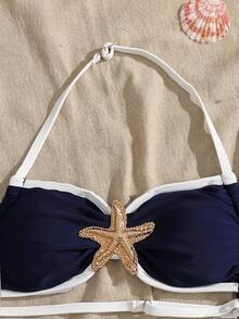 SHEIN 少女白色碎花褶皱腰身三件套泳衣带裙，休闲沙滩度假泳装三件套，春夏款 - 玫紅色 - 查看 8