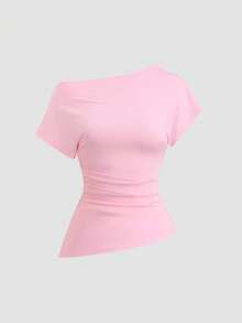 Sweetra Women's New Fashion Versatile Solid Color Oblique Shoulder Cinched Waist Top + Long Pants 2 Pieces Set - Pink - View 4
