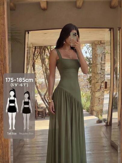 SHEIN Tall 女士时尚U领长款绿色连衣裙