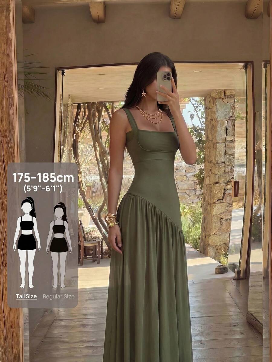 SHEIN Tall Đầm dài cổ chữ U màu xanh lá cây dành cho nữ - màu xanh lá - Xem 1