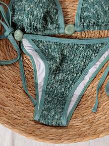Swim Mod 2026 Spring/Summer Green Textured Fabric Halter Neck Beaded Bikini Set With High Cut Side Tie Bottoms For Women - Green - View 4