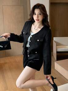 DAZY Women's Solid Color Button Decorated Overcoats,Fall Clothes Women Jacket Vest - Black - View 6