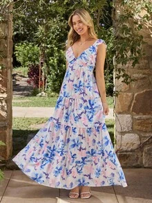 KARISMINA Váy maxi dáng ôm, họa tiết hoa lấy cảm hứng từ khu vườn, hoa màu xanh và hồng, chân váy xếp tầng. - Màu xanh nhạt - Xem 3