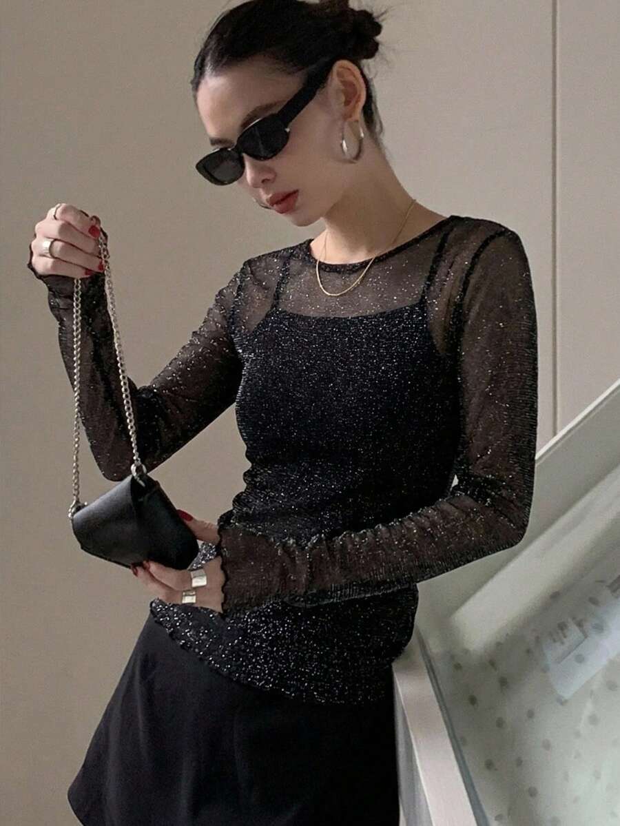 FRIFUL Women's Round Neck Long Sleeve Shiny Mesh Fitted Blouse Sheer,Fall Women Clothes - Black - View 1