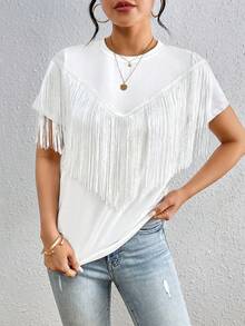 SHEIN Summer Fashion Solid Color Tassel Decorated T-Shirt - White - View 6