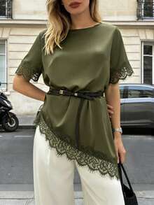 Pariaura Women's New Lace Patchwork Round Neck Short Sleeve Asymmetrical Hem Blouse - Green - View 4