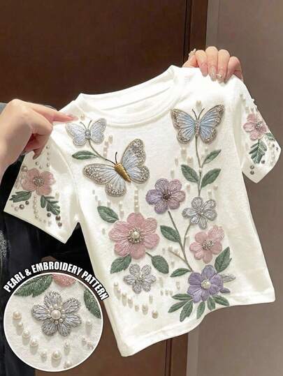 Baby Girls' Casual Floral Print Short Sleeve Top, Minimalist Design Suitable For Summer