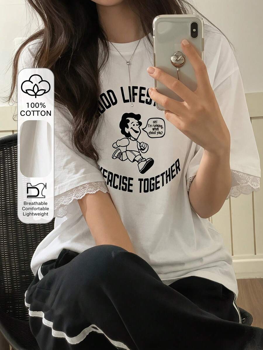 DAZY 女款圓領圖案印花蕾絲飾邊短袖T恤，春夏寬鬆版型 - 白色 - 查看 1