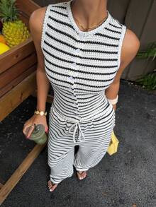 Muchica Women's Round Neck Striped Patchwork Top And Pants Casual Suit - Multicolor - View 6
