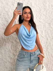 Firerie Top halter con frente drapeado y espalda descubierta para fiesta - Azul - Ver 9
