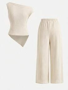 Firerie Kids 2pcs/Set Tween Girls' Summer Beige Casual Vacation Apricot Ruched Off-Shoulder Sleeveless Knit Top And Flare Pants Set,Suitable For School,Outdoor - Apricot - View 2