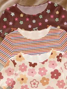 Conjunto de ropa de casa para bebé niña con estampado floral en beige, con volantes y contraste de color, para verano y vacaciones, ropa casual y cómoda de primavera y verano para uso diario - Multicolor - Ver 6