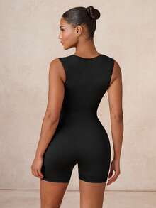 1pc Lumalex Comfortable Fabric & Fashionable Design Sexy Minimalist Solid Color Wide Strap Jumpsuit, Specially Made For Women, Suitable For Airport Outfits And Gym Workouts, Slim-Fit Style To Showcase Female Physique, Ideal Choice For Women's Gym Exercises - Black - View 5