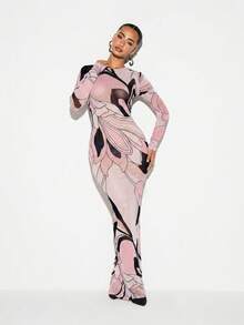 KIZN Printed Mesh Sheer Long Sleeve Maxi Dress Cover-Up With Abstract Floral Pattern And Crew Neckline - Pink - View 4