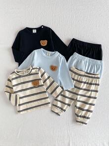 SHEIN Playful Pals 6pcs Newborn Solid Color & Striped Knit Soft Fabric Jumpsuit With 3D Bear Decor, Long Sleeve Round Neck T-Shirt And Elastic Waist Pants Set, Casual Comfortable Nature Style Vintage Cute Outfit, Suitable For Baby Boys And Girls, Fit For Indoor And Outdoor Activities - Multicolor - View 5