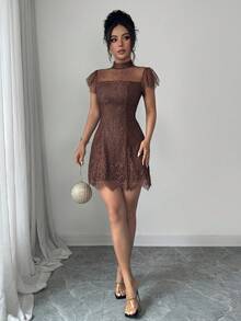 Elenzga Đầm bodycon nữ thanh lịch lãng mạn bằng vải ren, cổ cao, tay bèo, eo chiết - Cà phê - Xem 6