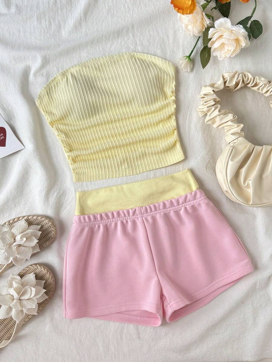 SHEIN 2pcs/Set Casual Street Style Letter Print Cropped Top And Shorts Set,Summer Tank Contrast Color Block Pants,Pink Brown,Cute Outfit - Multicolor - View 1