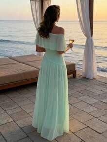 Elegante vestido de mujer verde menta de malla con fruncido, escote asimétrico sin hombros, línea A, estilo bohemio tropical, atuendo de verano para boda - Wasserblau - Ver 4