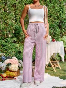 Lyckli Maternity Autumn Vacation Casual Striped Drawstring Pants Lounge - Baby Pink - View 7