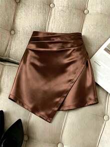 Qadelle Falda asimétrica de satén de moda para mujer, falda ajustada de cintura alta y sexy, elegante y versátil, adecuada para la temporada de graduación, ir al trabajo, uso casual, de negocios, de oficina, diario y atuendo laboral de maestros urbanos - Marrón - Ver 4