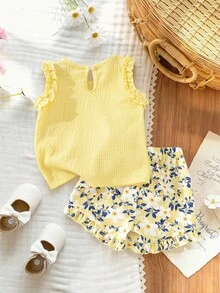 SHEIN Vintaside Kids Conjunto de chaleco y pantalones cortos de jacquard lindo para niñas, primavera/verano - Multicolor - Ver 3