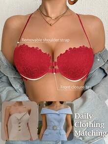 DesireSculpt 1pc Women's White Underwire Front Closure Lace Bra, Sequin Comfortable Lift Support Intimate Wedding Guest Summer - Red - View 8
