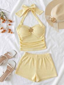 SHEIN Bộ 2 món áo yếm cổ halter & quần short cho bé gái tuổi teen, màu vàng trơn, phong cách casual đi biển nghỉ dưỡng, họa tiết sao biển, thoải mái & tối giản, set đồ mùa hè 2 mảnh - Màu vàng - Xem 4