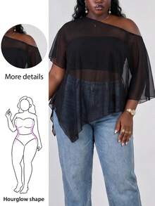 CurvyTilda Plus Size Women Solid Color Asymmetric Neck Summer Vacation Versatile Sexy Country Blouse, For Hourglass Body Shape Clubbing Concert Black - Black - View 1
