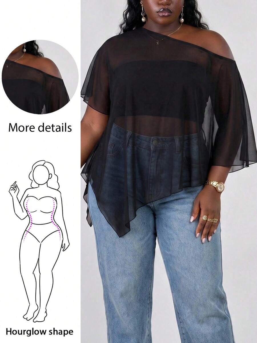 CurvyTilda Plus Size Women Solid Color Asymmetric Neck Summer Vacation Versatile Sexy Country Blouse, For Hourglass Body Shape Clubbing Concert Black - Black - View 1