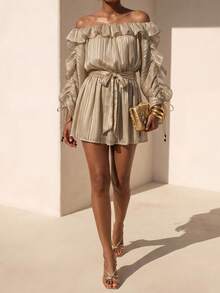Zivah 2026 New Casual Beach Vacation Elegant Bohemian Semi-Transparent Metallic Striped Chiffon Puff Sleeve Short Dress, Apricot Long Top, - Apricot - View 5
