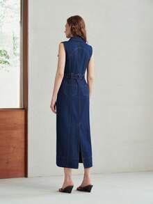 MOTF PREMIUM WOMEN'S SLEEVELESS DENIM DRESS WITH FLAP POCKETS AND BELT - Dark Wash - View 3