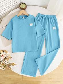 SHEIN 2pcs/Set Tween Girls Casual Loose Comfortable Round Neck Short Sleeve T-Shirt And Pants Set - Blue - View 8