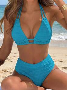 Swim Vcay Ladies Solid Color Halter Neck Strap Sexy Bikini Set For Vacation,Summer Beach - Blue - View 1