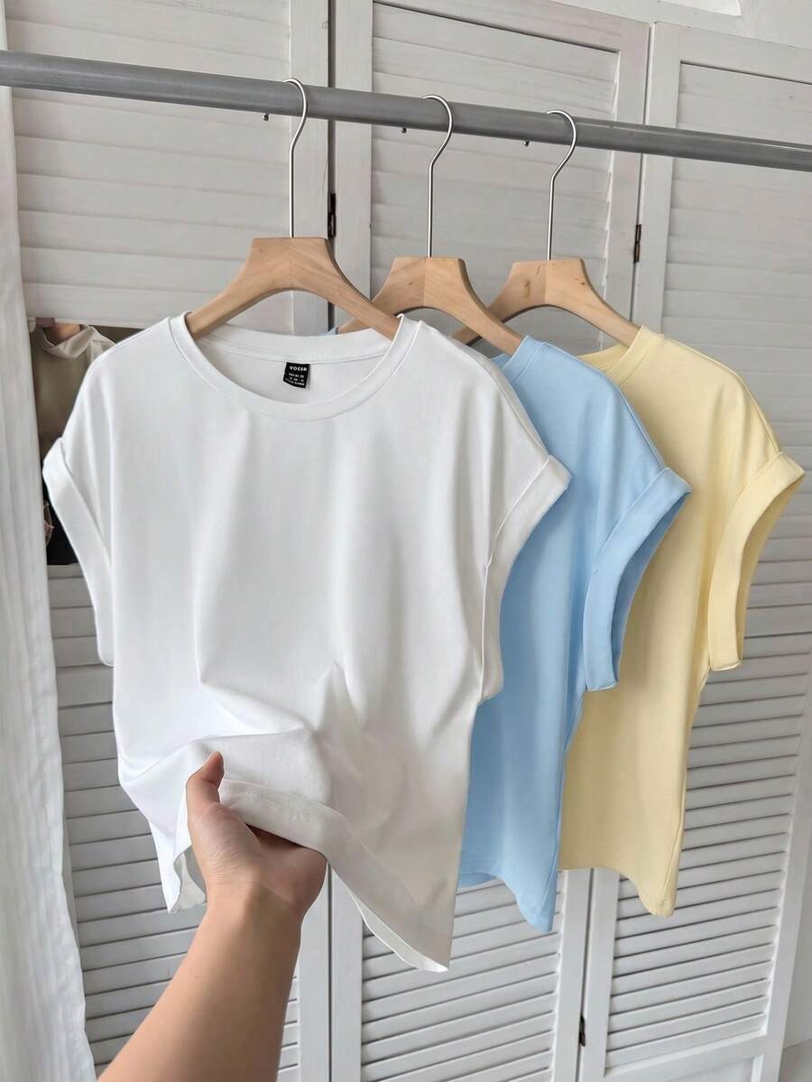 SHEIN LUNE 3件套女士休闲纯色基础款短袖T恤可爱上衣基础款上衣外出机场女装街头风外出上衣夏季女装3件套女士露脐上衣女士T恤女士外出上衣女士节日上衣奶油黄外出上衣女士纯色上衣纯色上衣休闲 - 彩色 - 查看 1