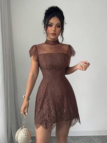 Elenzga Đầm bodycon nữ thanh lịch lãng mạn bằng vải ren, cổ cao, tay bèo, eo chiết - Cà phê - Xem 7