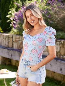 KARISMINA Women's Floral Pattern Sweetheart Neck Petal Sleeve Blouse - Baby Blue - View 5