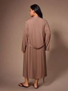 Lazeform 3pcs Solid Color Minimalist Camisole & Pants Loungewear Set, Plus Size, Spring/Summer - Coffee Brown - View 2