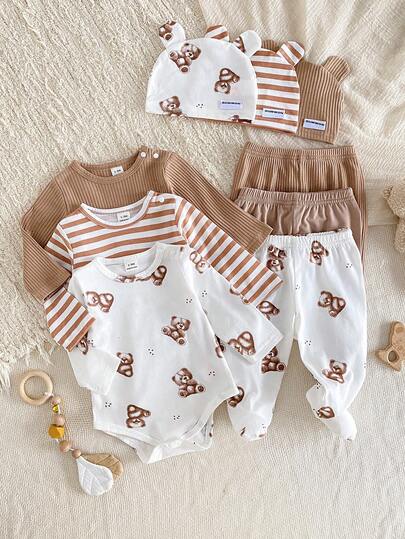 3 bộ 6 món áo liền quần & quần cho trẻ sơ sinh, cotton mềm họa tiết gấu dễ thương, đồ mặc nhà thoải mái, quà tặng tốt nhất cho trẻ sơ sinh