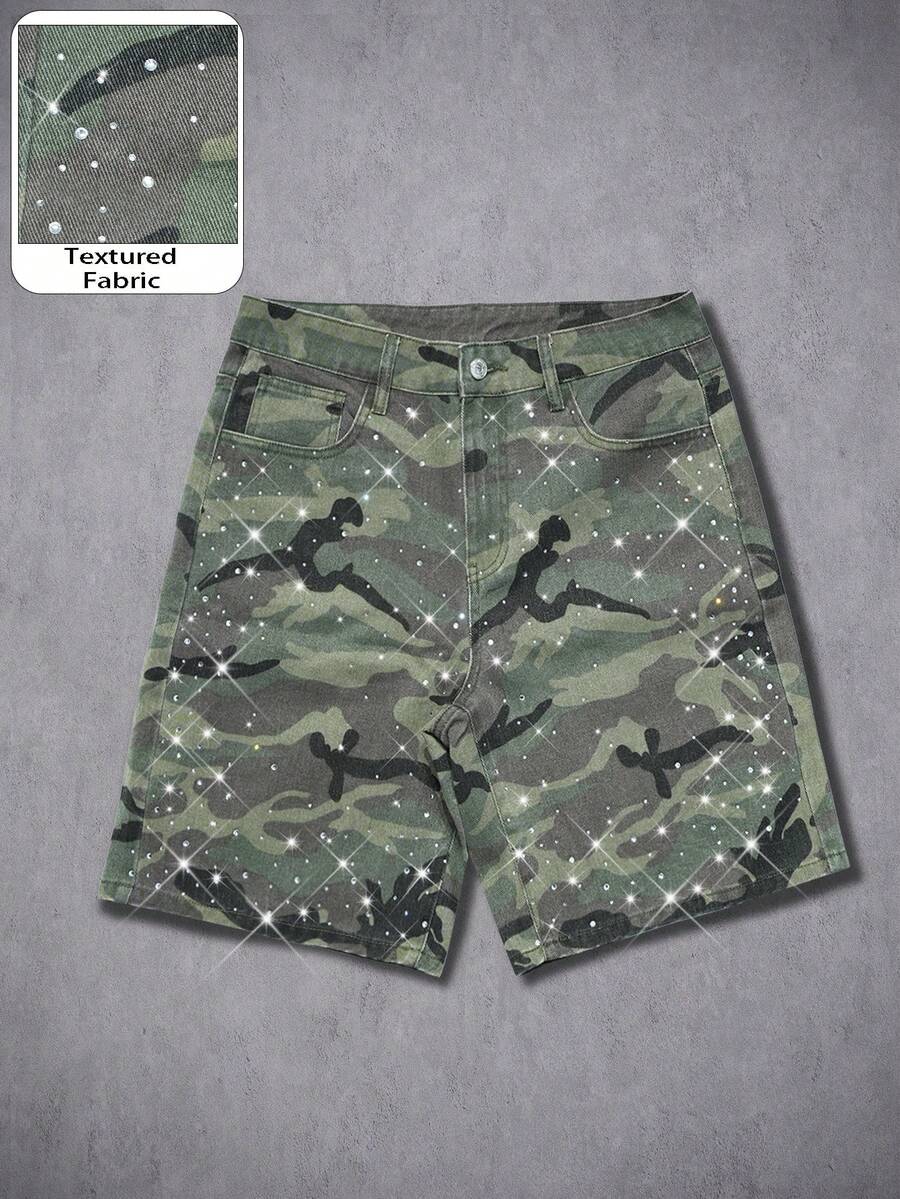 Manfinity EMRG Quần short denim dáng rộng in họa tiết rằn ri hình thoi phong cách đường phố dành cho nam giới. - xanh quân đội - Xem 1