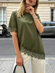 Pariaura Women's New Lace Patchwork Round Neck Short Sleeve Asymmetrical Hem Blouse - Green - View 5
