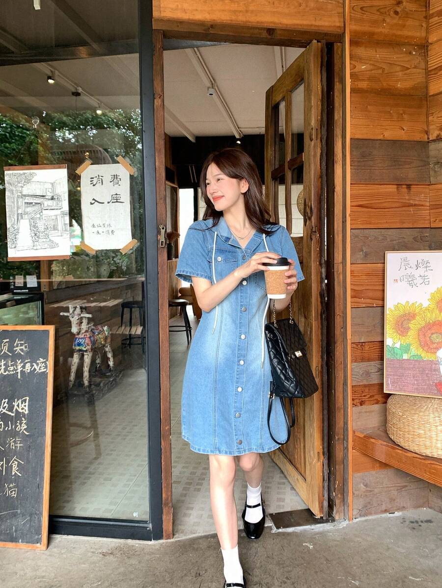 DAZY 女士连帽休闲牛仔连衣裙 - 藍色 - 查看 1