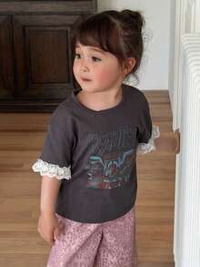 DAZY Infant/Toddler Girls' Round Neck Lace Patchwork Korean Style Spring/Summer Top - Grey - View 4