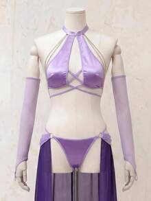 Fantasy Costume Fantasy Costume Plus Size Lingerie Set With Metal Chain, Mesh & Thong, 3pcs - Purple - View 6