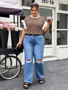SHEIN CURVE+ 大尺碼女款新款度假休閒通勤上班條紋拼接荷葉邊短袖T恤 - 棕色 - 查看 4